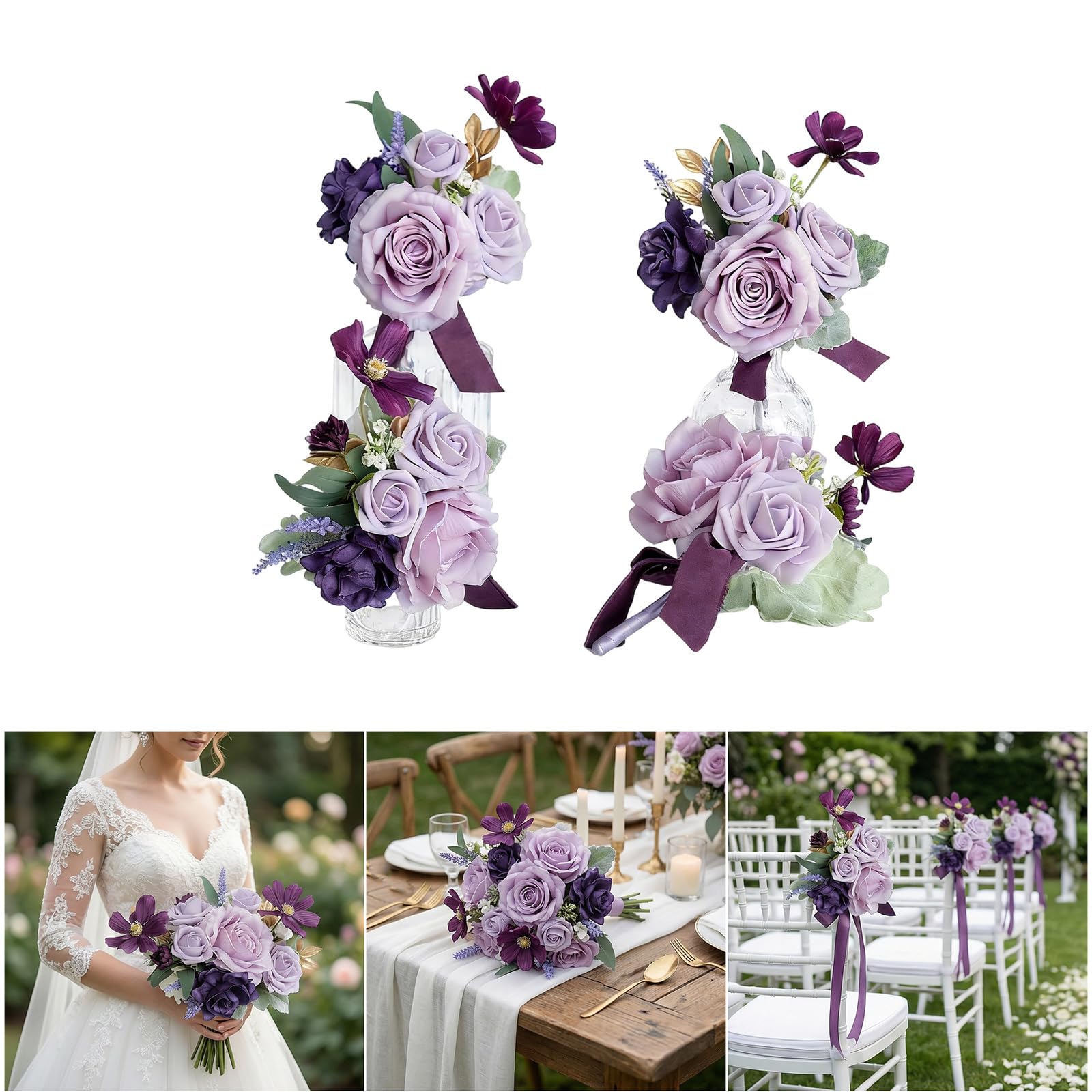 Lot de 4 bouquets de mariage en soie - Arrangement de fleurs artificielles - Texture PVC