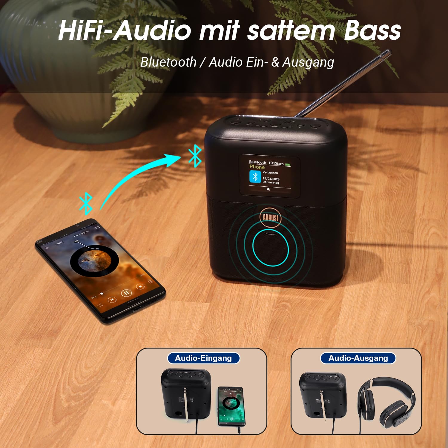 August MB330 Tragbares DAB+/UKW Radio mit Bluetooth – Digitalradio mit Akku Doppel Wecker, 60 Presets, Sleeptimer, 6W Lautsprecher, Farbdisplay, EQ, AUX EIN/Aus, USB-C, für Küche Schlafzimmer Outdoor