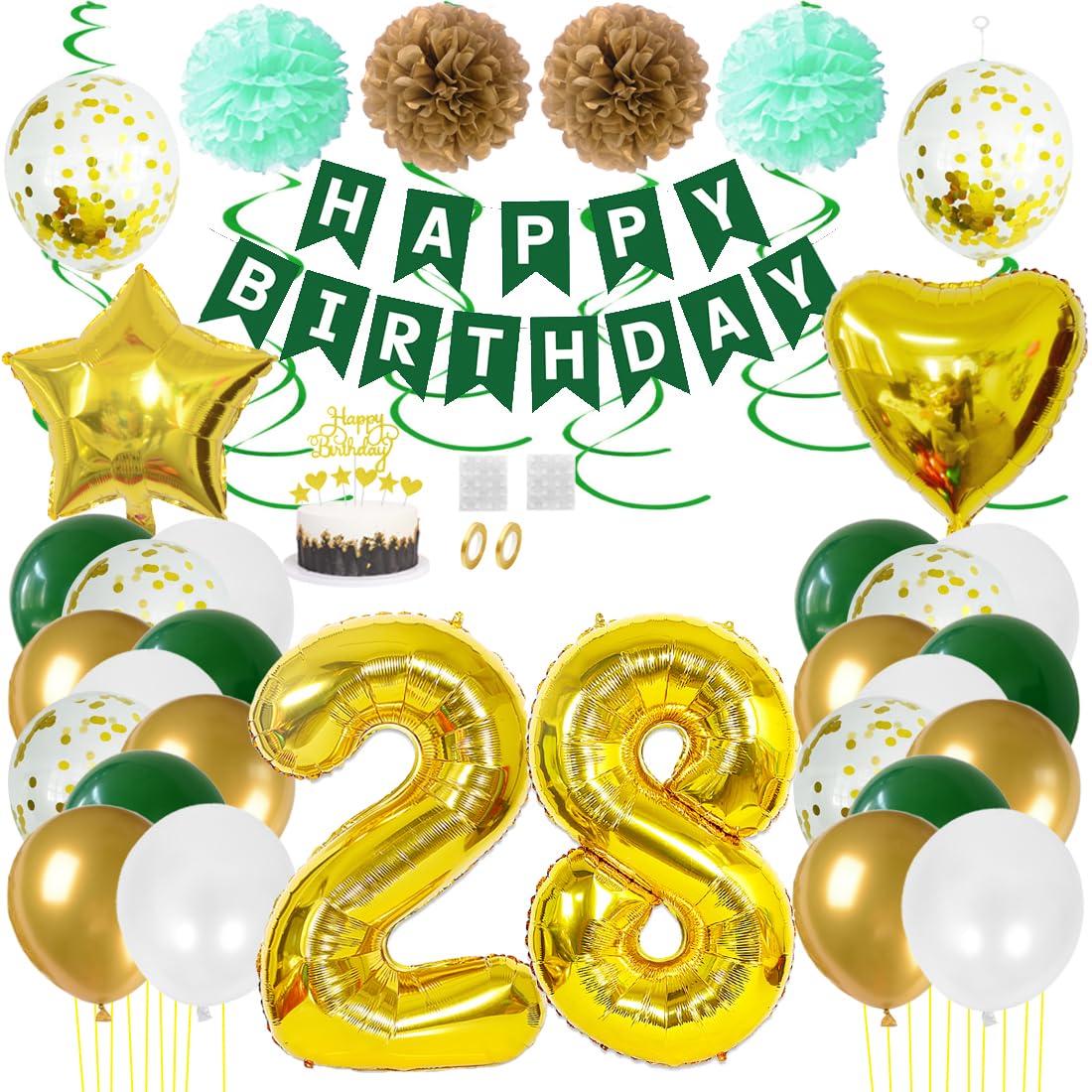 Juland 28th Birthday Party Decorations Gold Green Happy Birthday Banner White Latex Balloon Confetti Balloon 28 Number Foil Balloon Hanging Swirl Paper Pompoms with Cake Topper for Boy Girl Men Women
