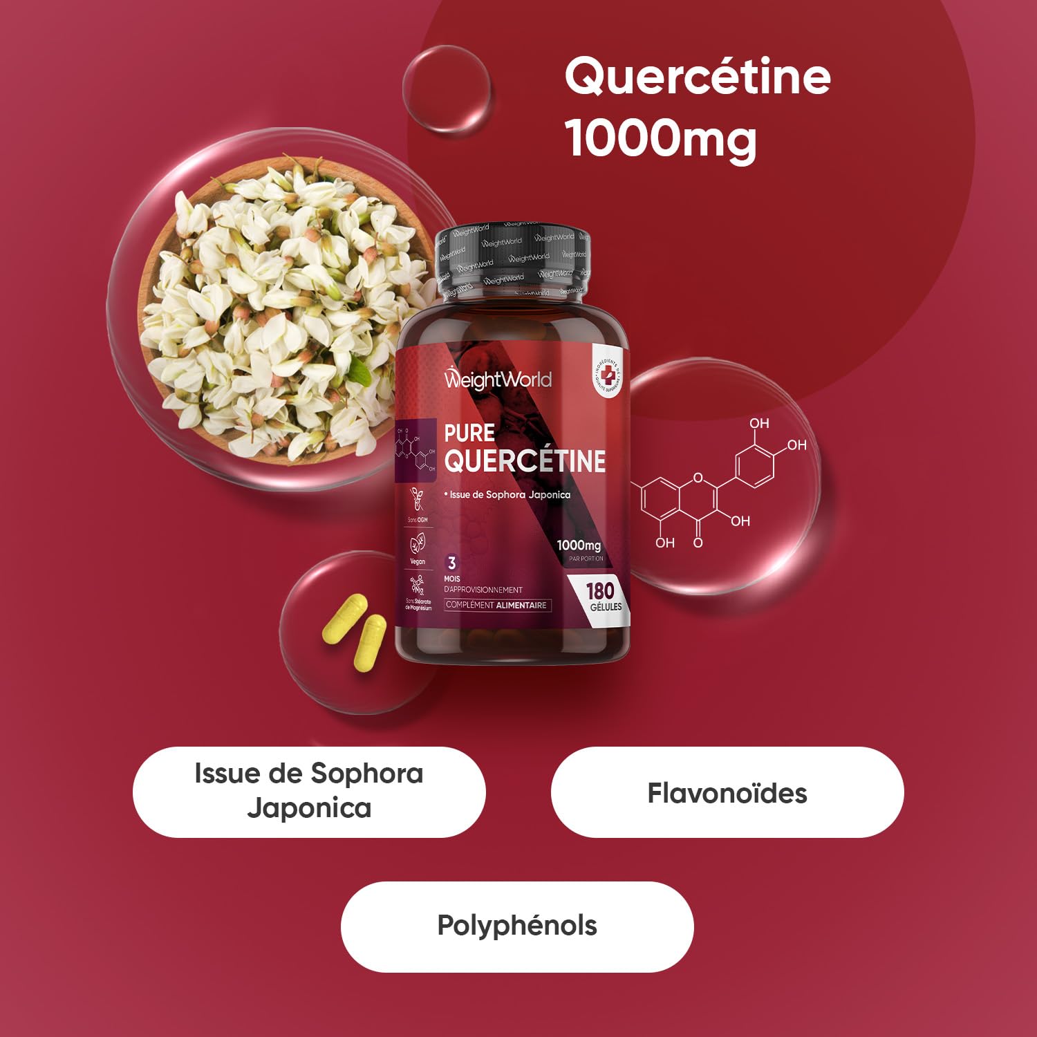 Quercetine 1000mg, 180 Gélules Vegan, Issue d'Extrait de Fleur Sophora Japonica, Quercétine pour 3 Mois, Complément Flavonoïdes et Polyphénols sans Stéarate de Magnésium