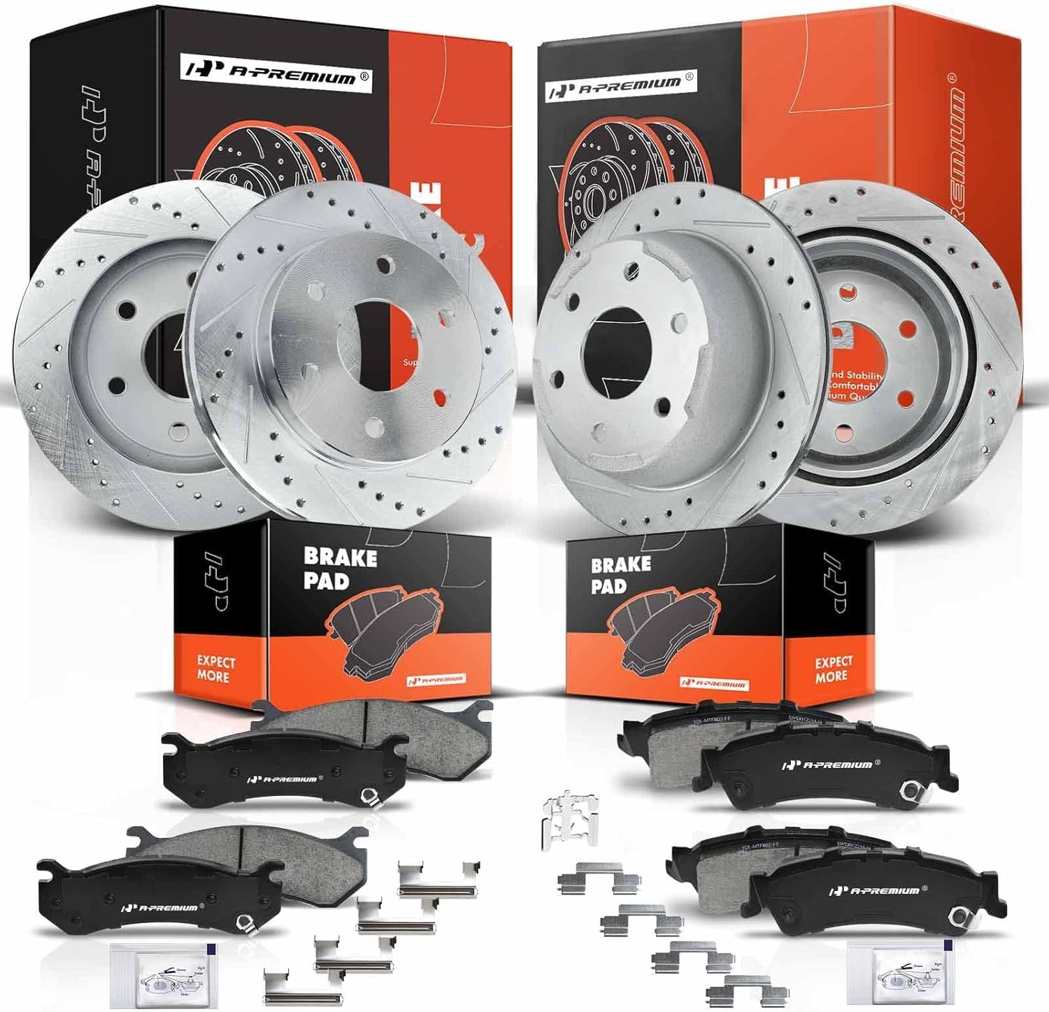 A-Premium Front & Rear Drilled and Slotted Disc Brake Rotors + Ceramic Pads Kit Compatible with Select Chevrolet and GMC Models - Tahoe, Silverado 1500, Sierra 1500, Yukon, Astro, Safari, 12-PC Set