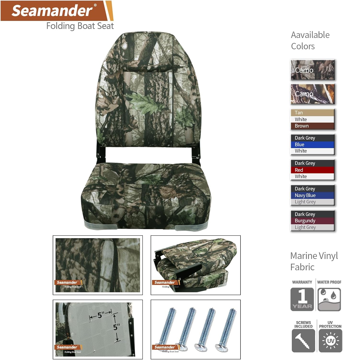 Seamander High Back Fishing Boat Seats,Camo Folding Boat Seats