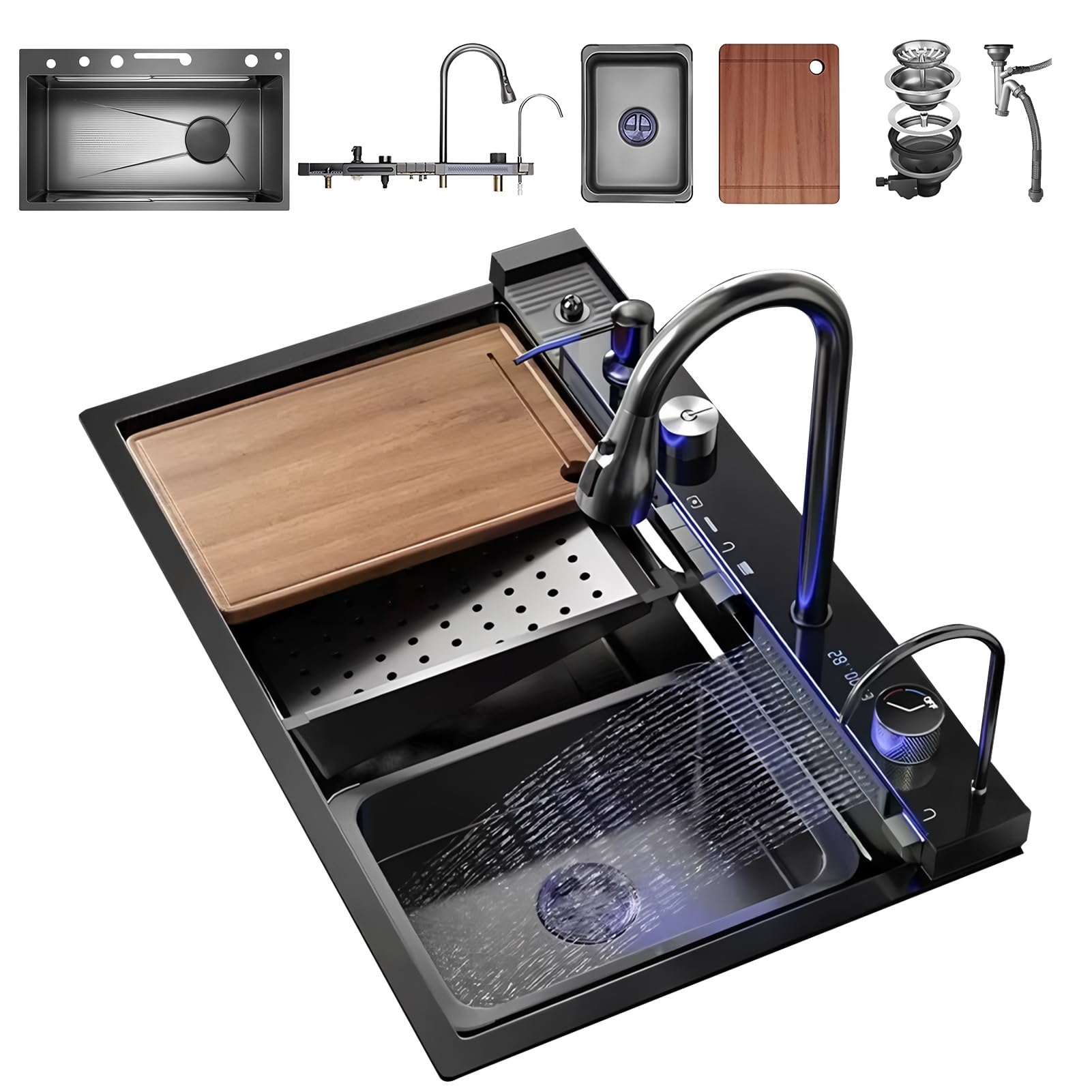Fregadero De Cocina De Acero Inoxidable Con Grifo De Cascada Digital – Fregadero De Una Sola Cubeta De Montaje Superior, Grifo Extraíble Multifuncional, Dispensador De Jabón Y Juego(Black-Grey#2,68x45