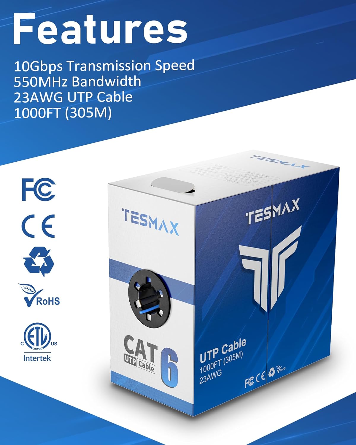Cat 6 Ethernet Cable 1000ft (305M), 23AWG 10Gbps 550Mhz High Speed Riser (CMR) UTP Cable with Reduce Crosstalk Separator, Heavy Duty ETL LAN Cable (Blue)