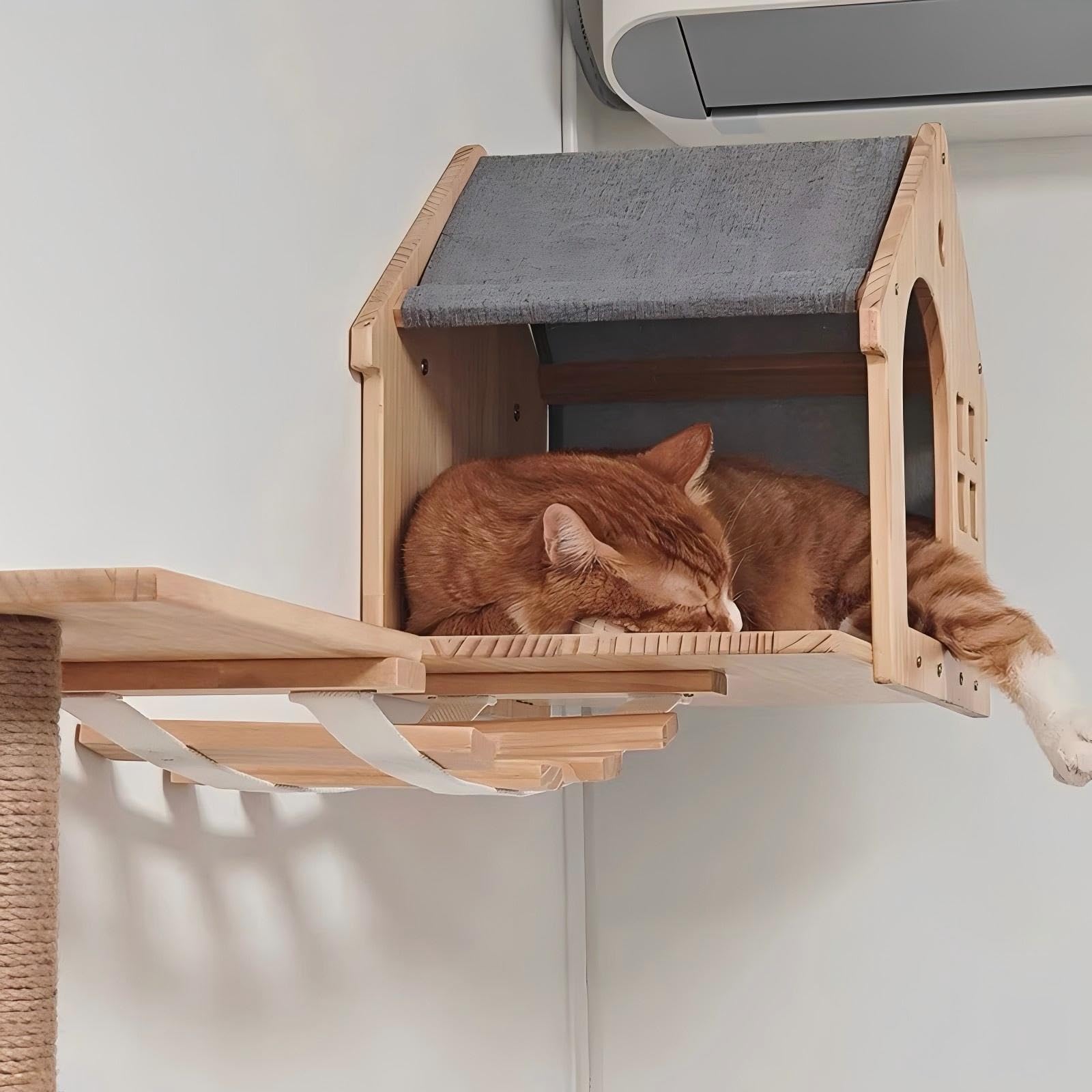 Cat Climber - Scaffale da parete in legno di pino, design moderno, salvaspazio, con palo tiragraffi in sisal naturale, per piccoli appartamenti