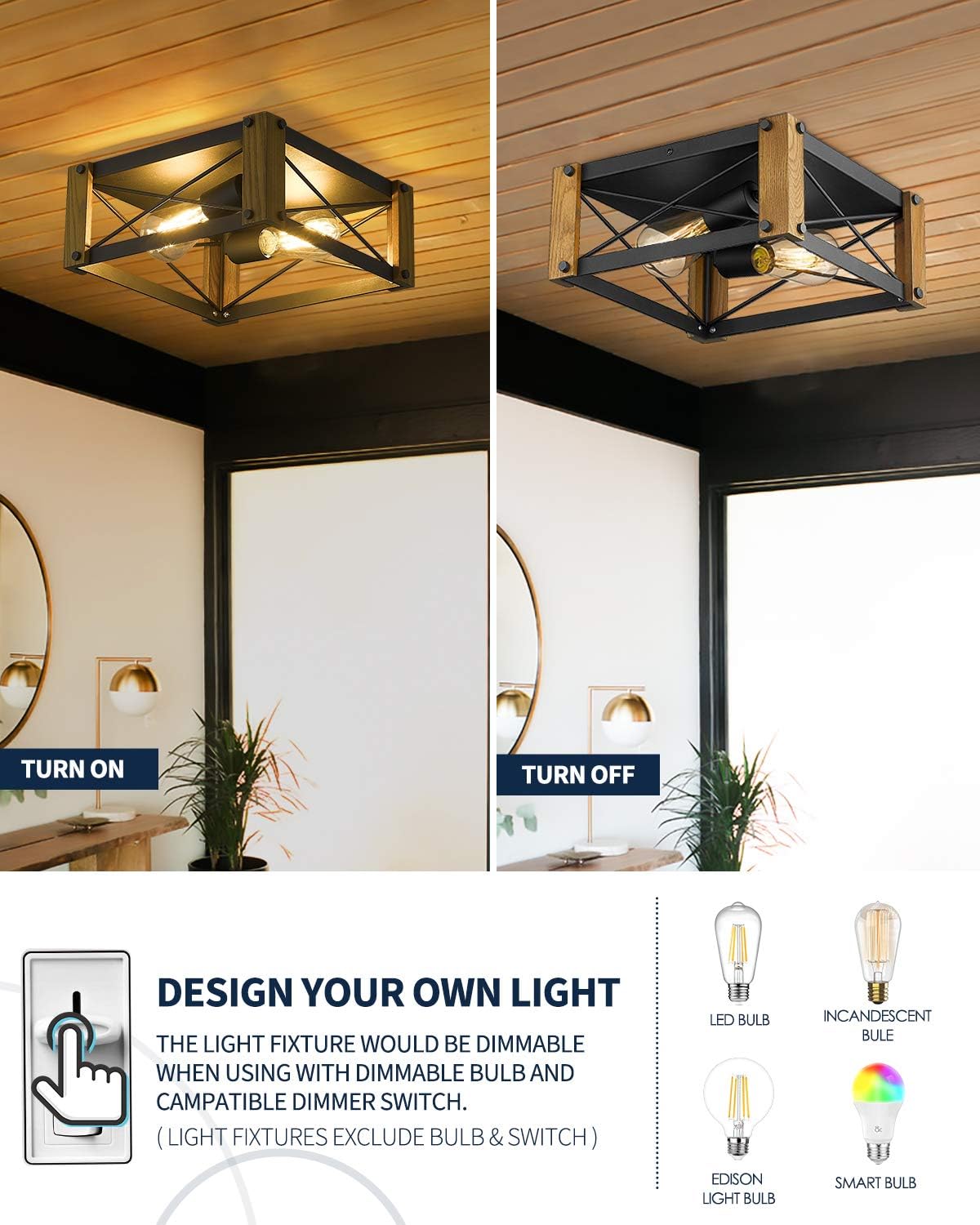 Onе-Dау Sаlе: Uр tо 50% оƒƒ HANASS 2-Light Farmhouse Flush Mount Ceiling Light, 12 Square Wood Ceiling Light Fixture, Walnut Wood, Matte Black Finish, MX99983