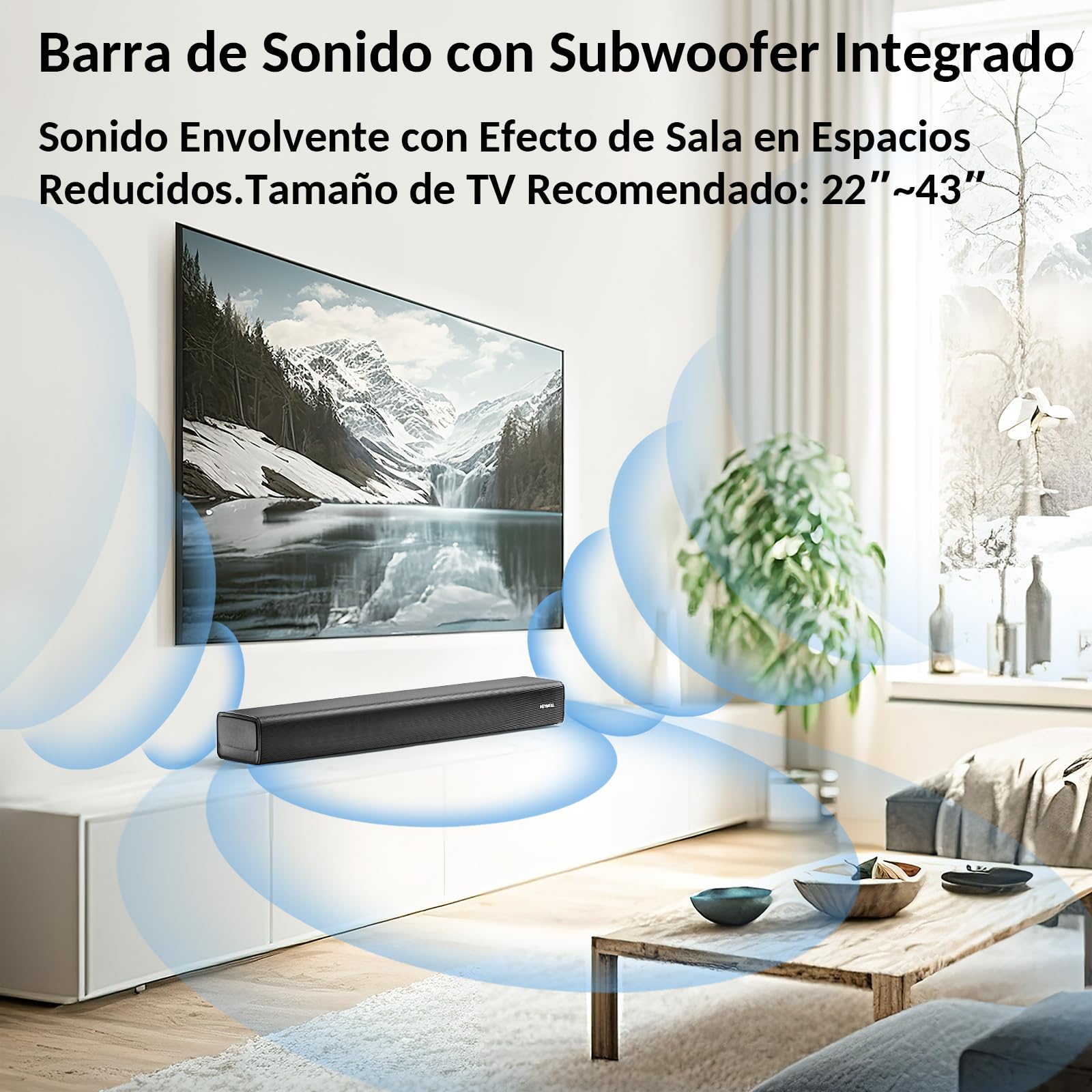 Compact Pequeño 60cm 2.1ch Barra de Sonido TV/Bluetooth/PC/Proyector,120W Soundbar con subwoofer Integrado, Mejorador de Diálogo Altavoz TV HDMI ARC/Óptico/Aux.