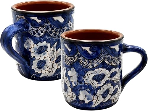 Juego de 2 tazas de café de cerámica portuguesa pintadas a mano hechas a mano (azul y blanco), 5 x 4 x 4 pulgadas (juego de tazas pintadas a mano)