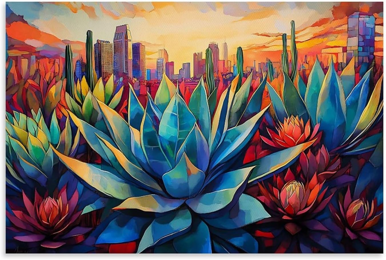 Blue Agave in Desert Painting Print on Canvas Cactus Poster Agave Wall Art Paint Mexican Wall Decor 24x36inch(60x90cm) Unframe-style