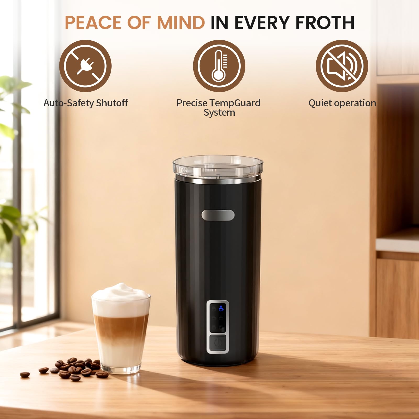 Elektryczny spieniacz do mleka, 6 w 1, automatyczny spieniacz do mleka i podgrzewacz do mleka do latte, cappuccino, macchiato, idealny do użytku domowego i biurowego, łatwy do czyszczenia, czarny
