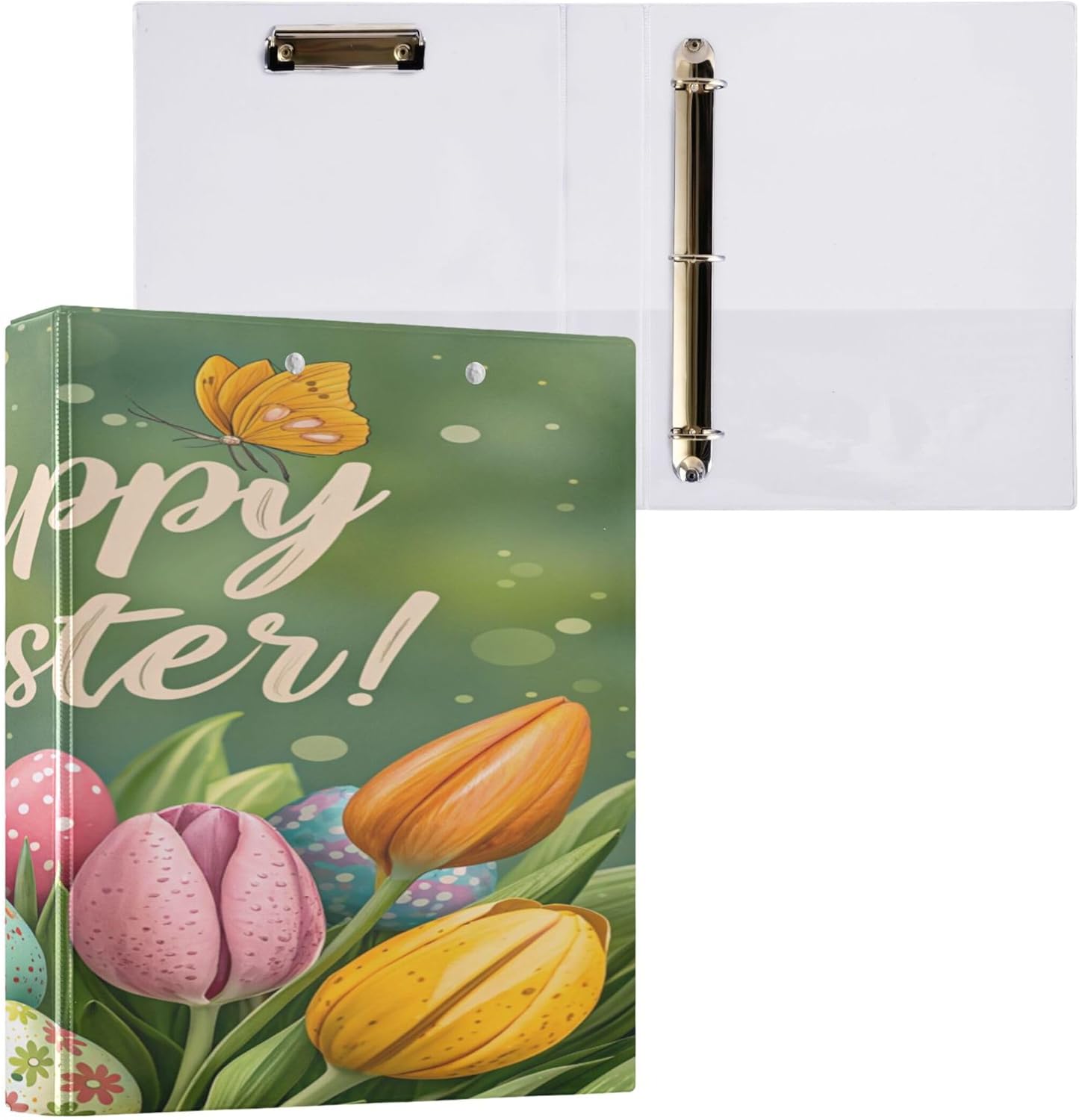 Happy Easter Eggs 3 Ring Binders, 1.5” Round Ring Binders with Clipboard - Letter Size, 3 Interior PVC Clear Pockets & Anti-Slip Clip for Office School Supplies, 2PCS