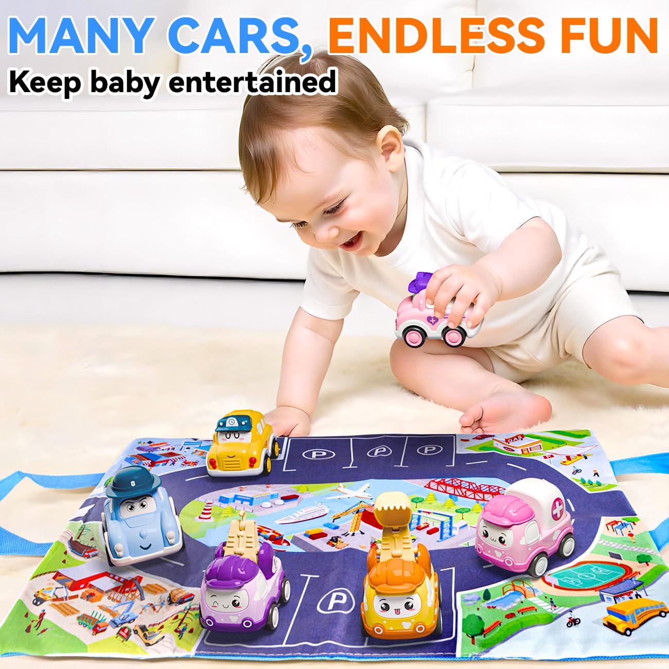 Kiddiworld Mini Car Toys for 1 Year Old Boy Gifts, 12 Sets Pull-Back Trucks with Playmat for Toddlers Age 1-2, Baby Toys 12-18 Months, 1st Christmas Birthday Gifts for One Year Olds