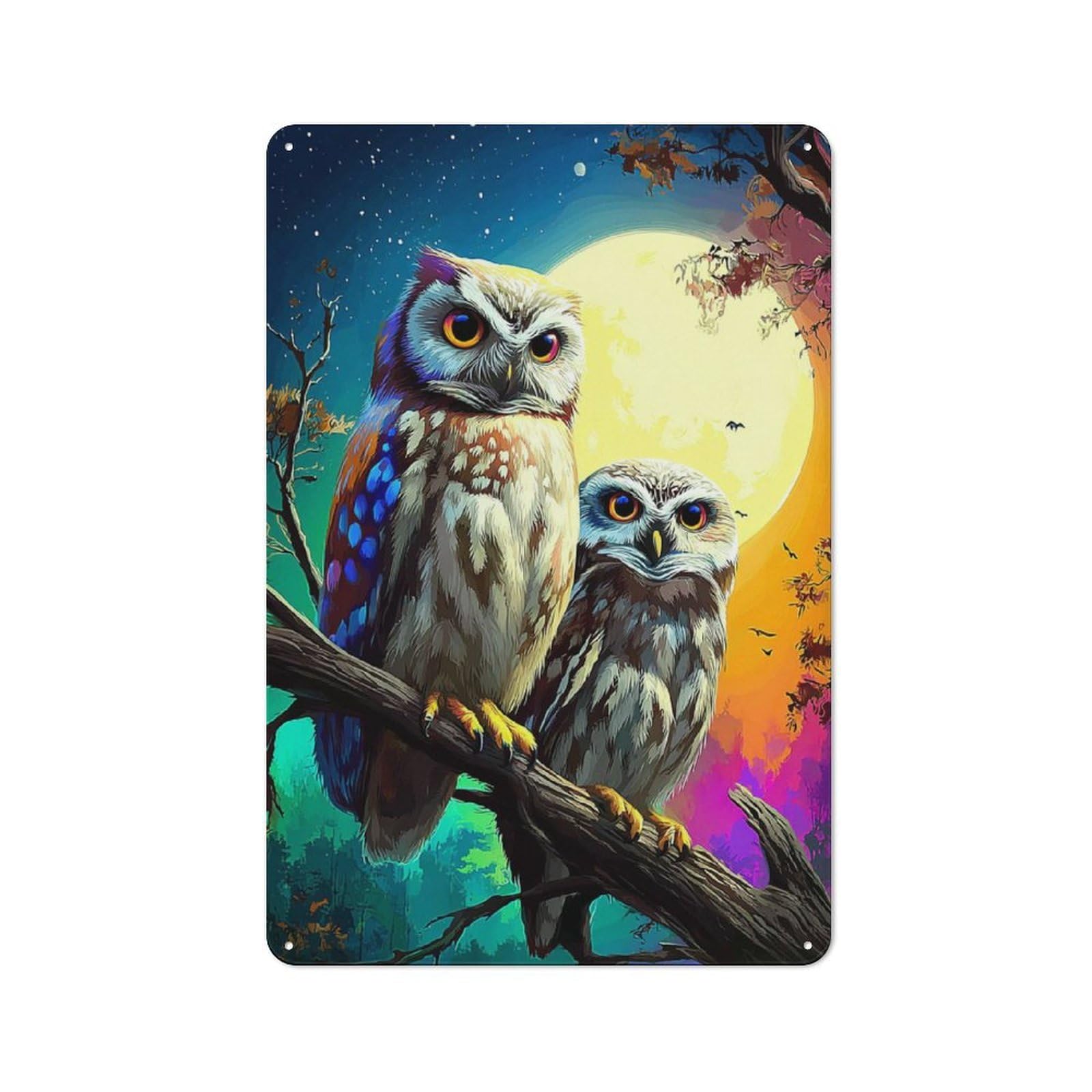 Junmoney Colorful Night Owls Art Print Metal Wall Sign 30X20cm Featuring For Living Room Wall, For Metal Sign Collectors, For Garage And Workshop Walls
