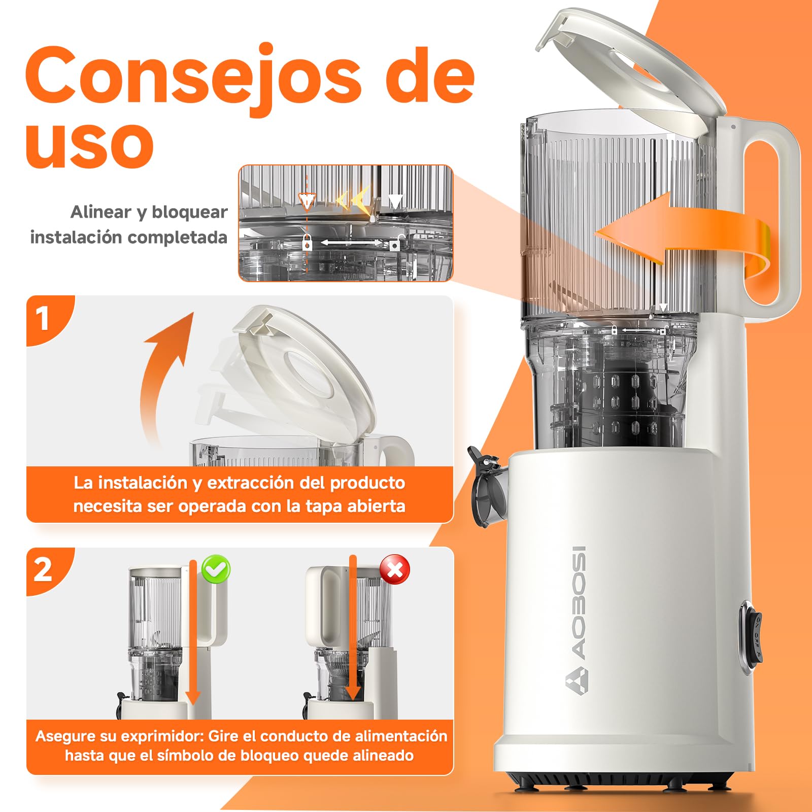 Aobosi Licuadora prensado en frio, Extractor de zumos y frutas con motor silencioso, 1.5 L, 200 W, Extractor de jugos Cold Press Slow Juicer Machine con Sinfín Mejorado
