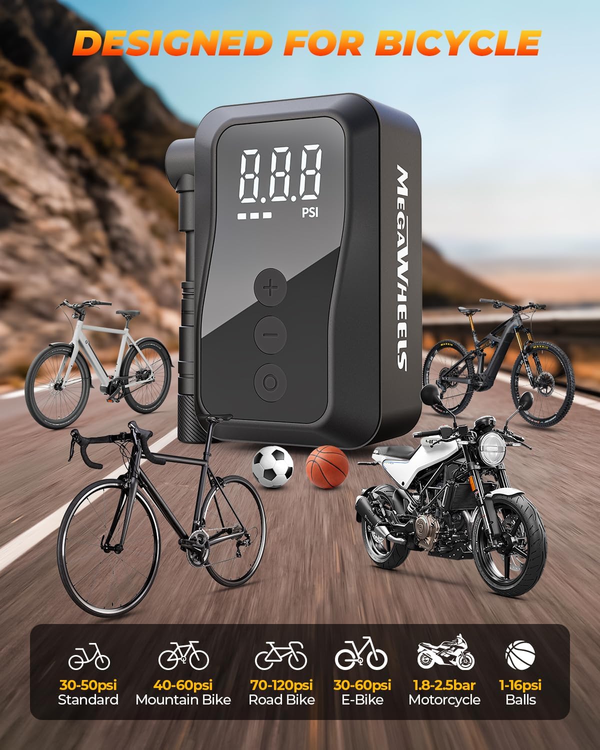 MEGAWHEELS Mini Bike Pump, 25s Fast Inflate Electric Mini Bike Tire Pump with Gauge, 150PSI Portable Bike Pump with Presta and Schrader Valve for City Bike, Road Bike, Mountain Bike, Motorcycle - Image 4