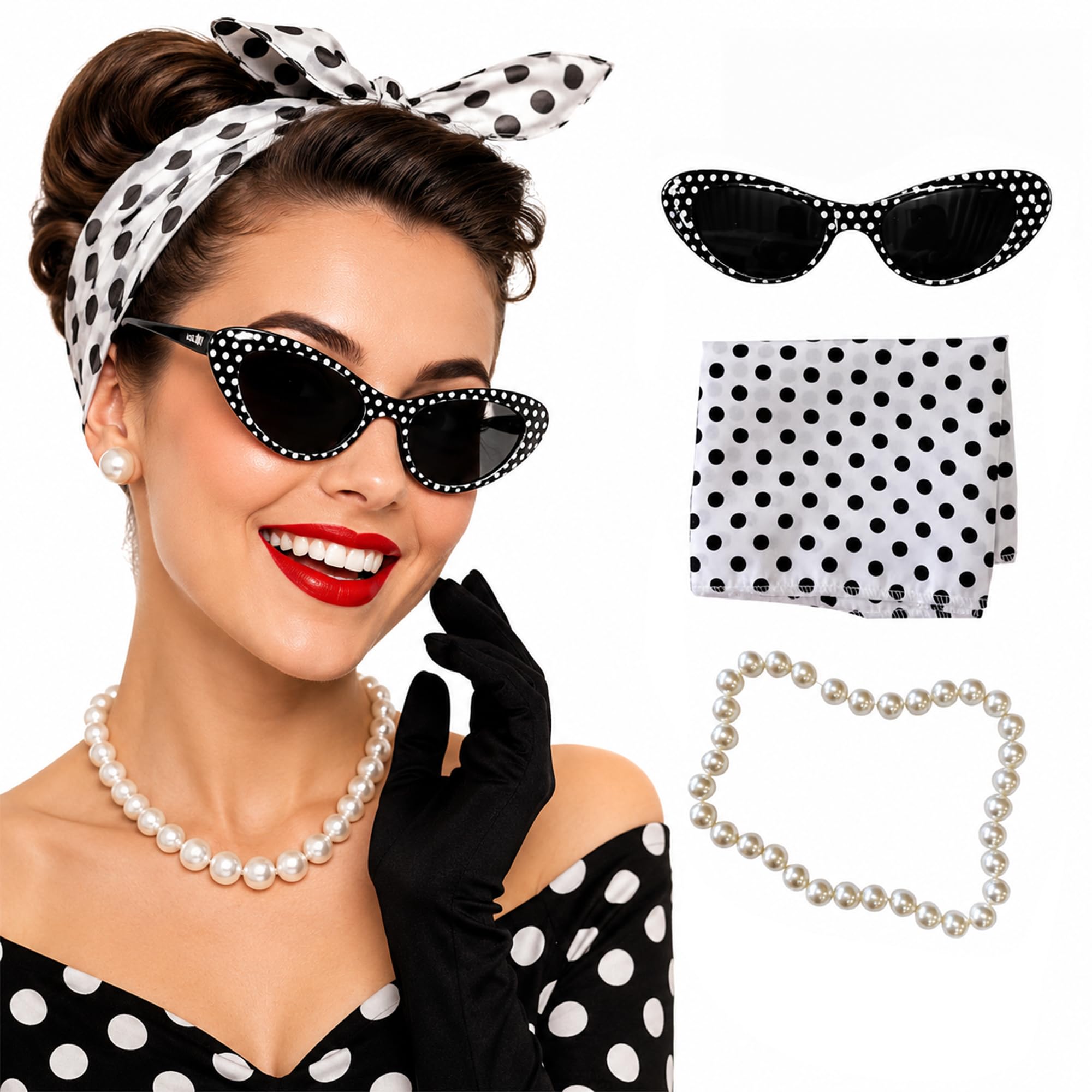 Womens 50s Costume Set, Ladies Grease 1950s Fancy Dress Kit, Cat Eye Glasses, Black & White Polka Dot Bandana Glasses & Necklace Sets For Retro Parties