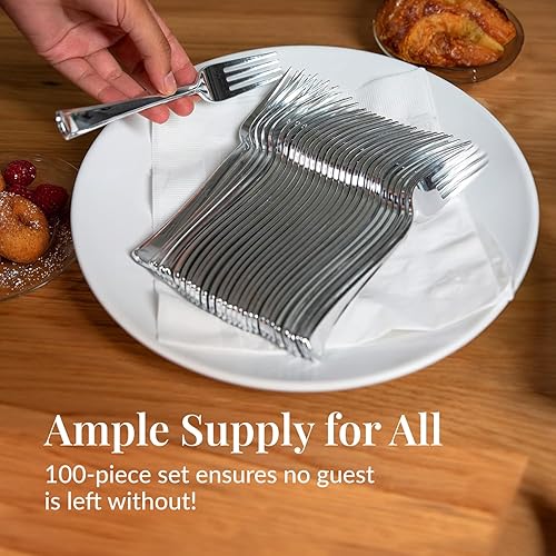 Miniatura 4 de Prestee Paquete de 100 tenedores de plástico plateado resistentes  Elegantes tenedores desechables  Juego de cubiertos plateados de plástico