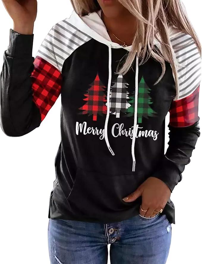Merry Christmas Buffalo Plaid Tree Striped Splicing Hoodie Shirt Blouse ...