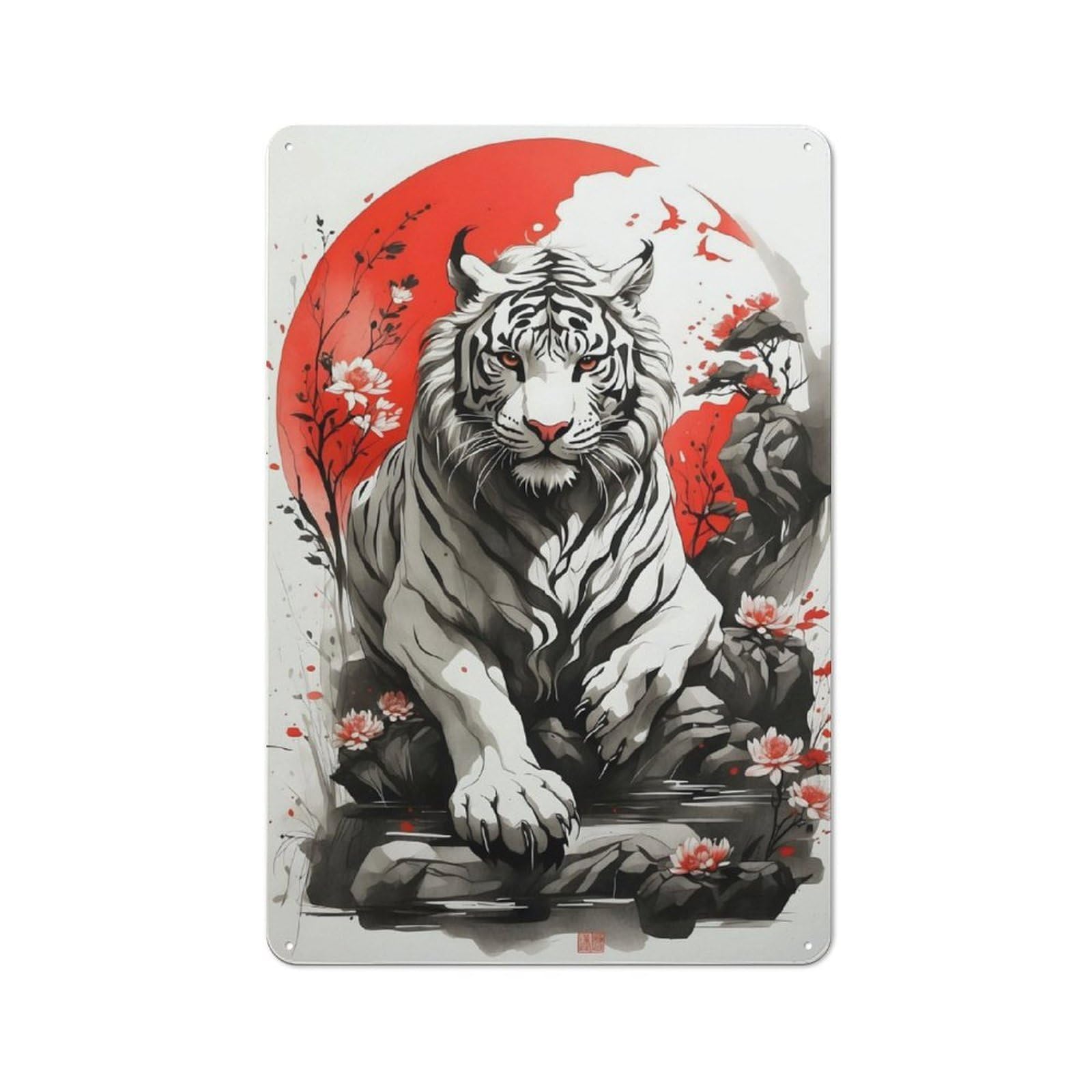 Junmoney Japan Ink White Tiger Retro Tin Sign 30X20cm For Pub Or Café, For Collectors Building A Themed Wall Display