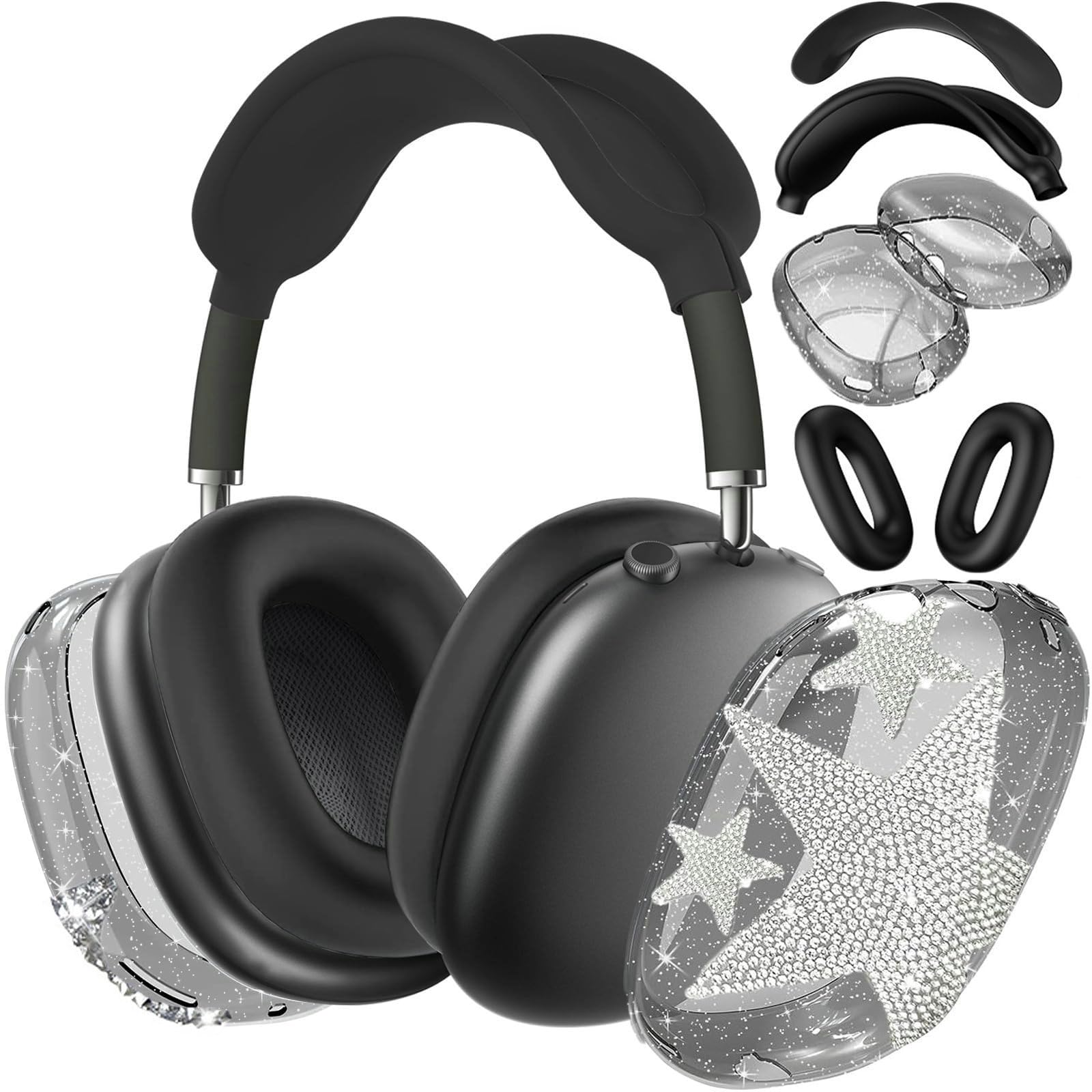[4 in 1] Case Cover for AirPods Max Headphones (2024/2020) Ear Pad Case Cover/Headband Cover/Ear Cups Cover with Bling Star Decoration for Apple