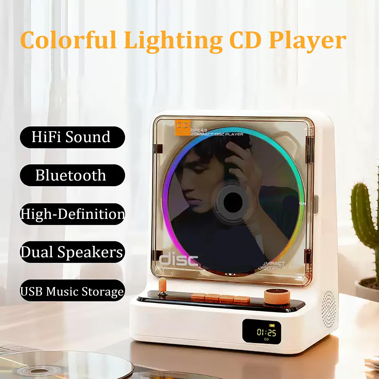 Lettore CD portatile con telecomando, supporta la modalità CD/USB/FM, Bluetooth bidirezionale, ingresso AUX, luce ambientale colorata per casa e regali