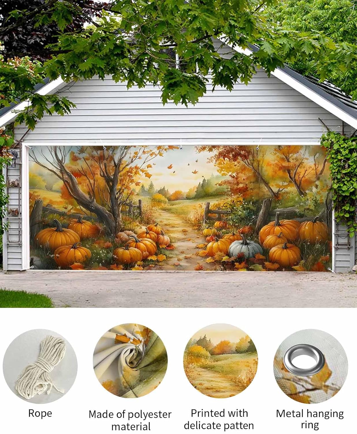 Fall Maple Leaves Garage Door Banner 6.9 x 8 ft Thanksgiving Pumpkins Garage Door Decorative Covers Holiday Decorations Rustic Farmhouse Photo Backdrop Large Outdoor Hanging Sign for Party Home Decor