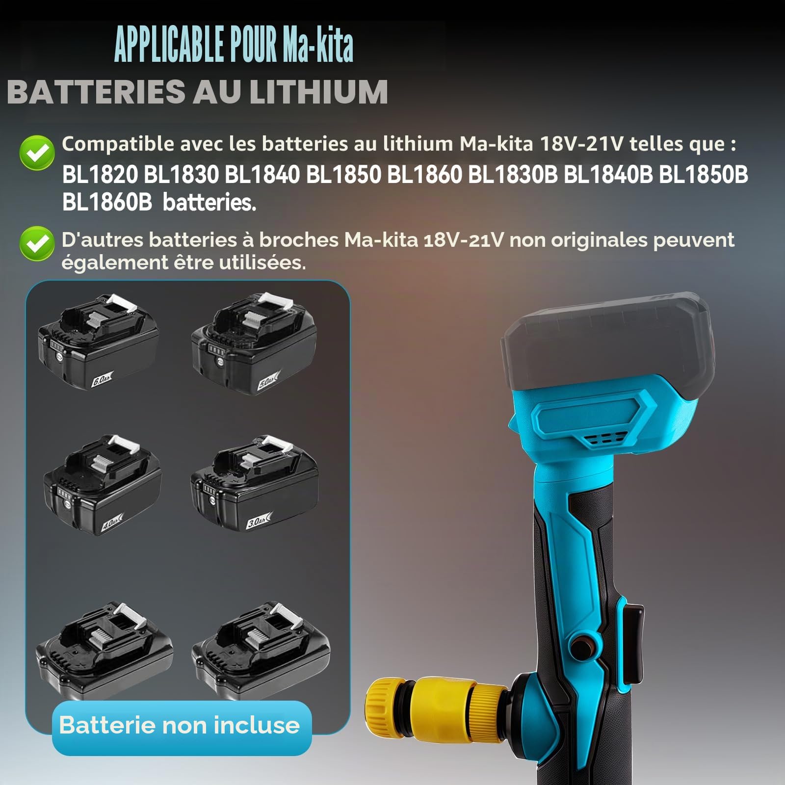Pompe de transfert d'eau sans fil compatible avec Ma-Kita 18 V, pompe de transfert portable, hauteur de tête de 3 m, débit élevé de 3600 l/h pour sous-sol, piscine, étang, barils de pluie, drainage de