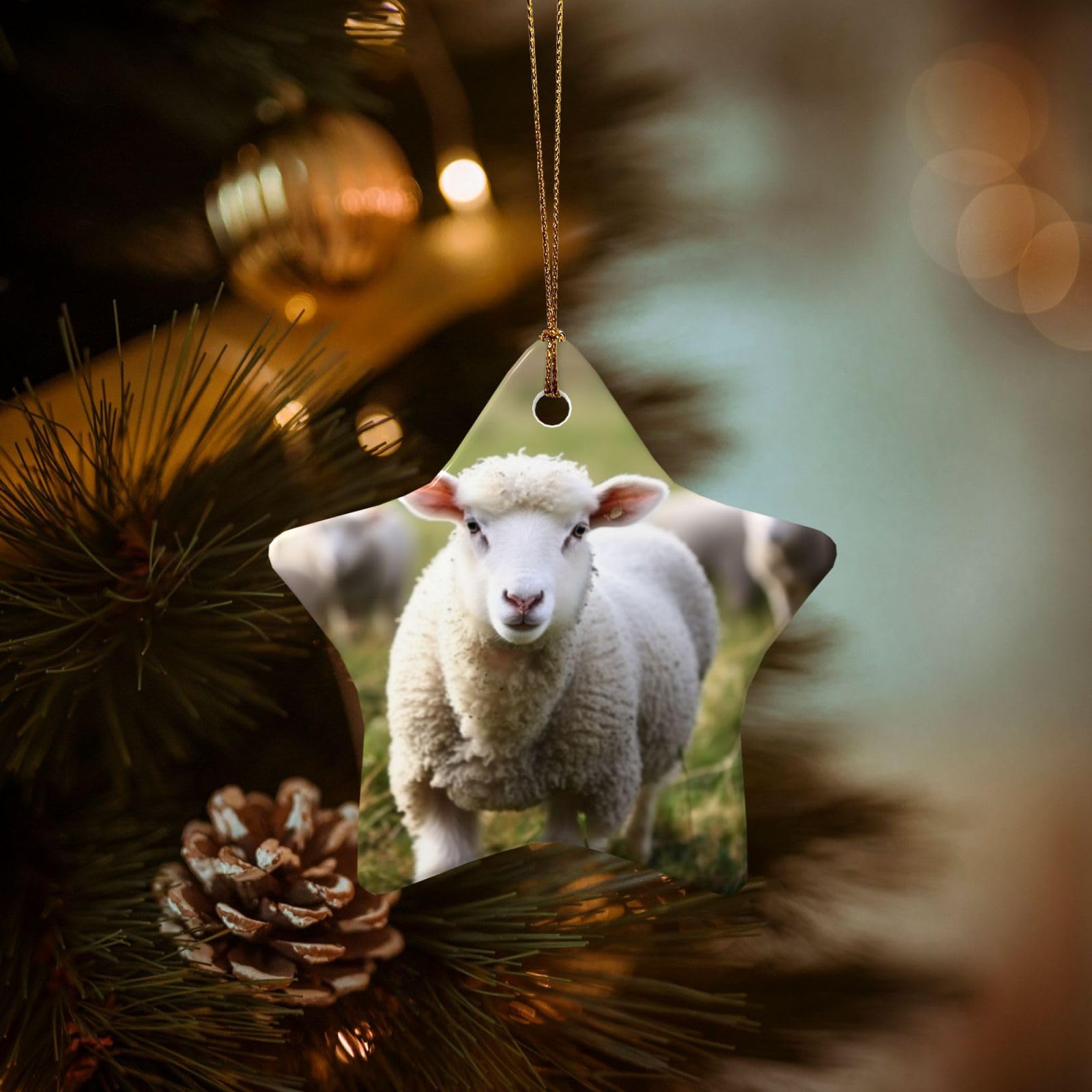 Christmas Ornaments for Christmas Tree Decoration Hanging Cute Sheep Lamb Ornament with Gold Ribbon Crafts Star Shape Ceramic Pendant for Keepsake Gifts Xmas Decor Party Supplies