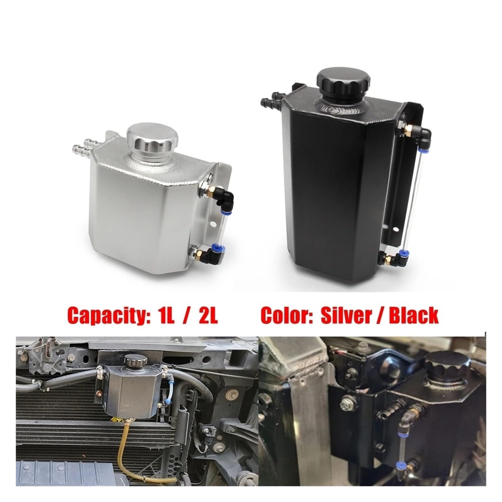Ausgleichsbehälter Universal 1L 2L Aluminium Oil Catch Can Reservoir Tank Motor Kühlmittel Kühler Überlauf Kraftstoff Mit Ablassschraube Verschnaufpause(2L-Black)
