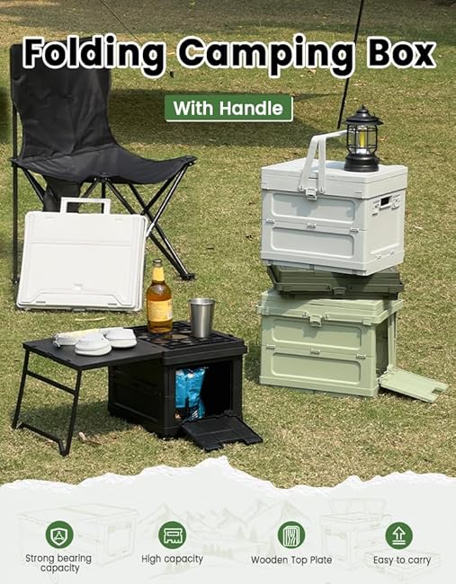 Multifunctional 3 in 1 Camping Folding Storage Box with Table, Handle Collapsible Bins Box and Warning Signs£¬Storage Bins With Lids 16.5L Camping Storage for Garage, Beach, Backyards, Picnic
