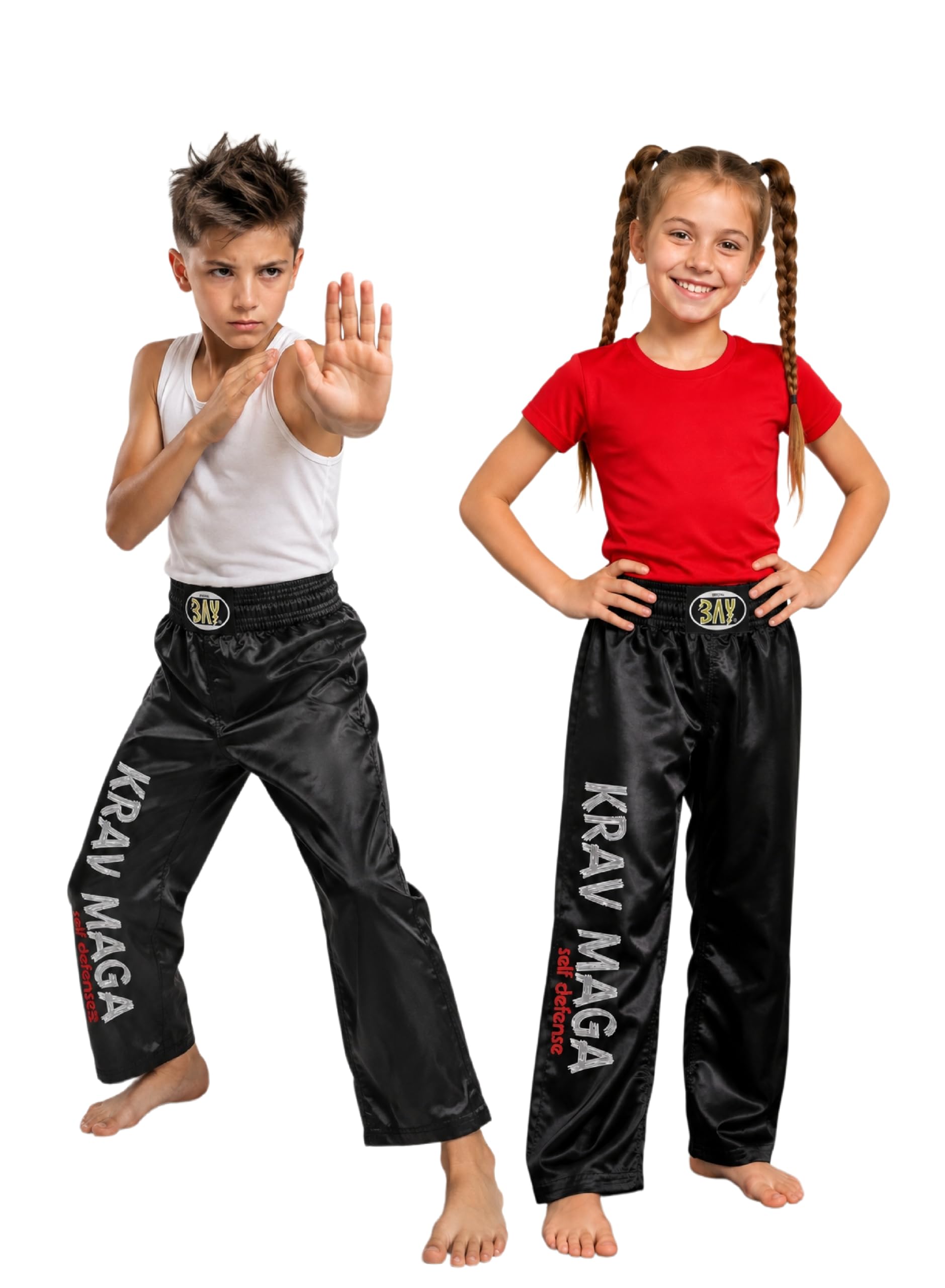 BAY Krav MAGA Satin Kampfsporthose Trainingshose Polyester Schwarz lang mit gesticktem Schriftzug am rechten Hosenbein Erwachsene Damen Herren Kinder Mädchen Jungen Größen 4XS - XXL