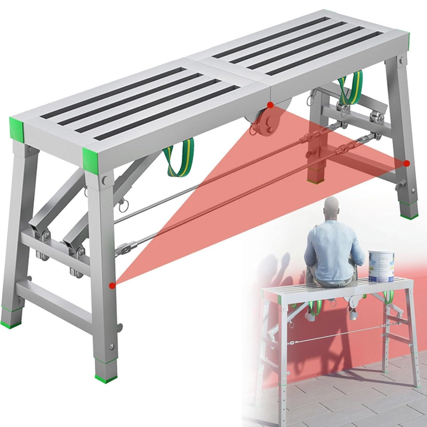 Przenośna składana platforma robocza, regulowana platforma robocza, składana aluminiowa stalowa drabina, składana stalowa drabina rusztowaniowa, maksymalne obciążenie 880 funtów, 30-200 cm (90-147 c
