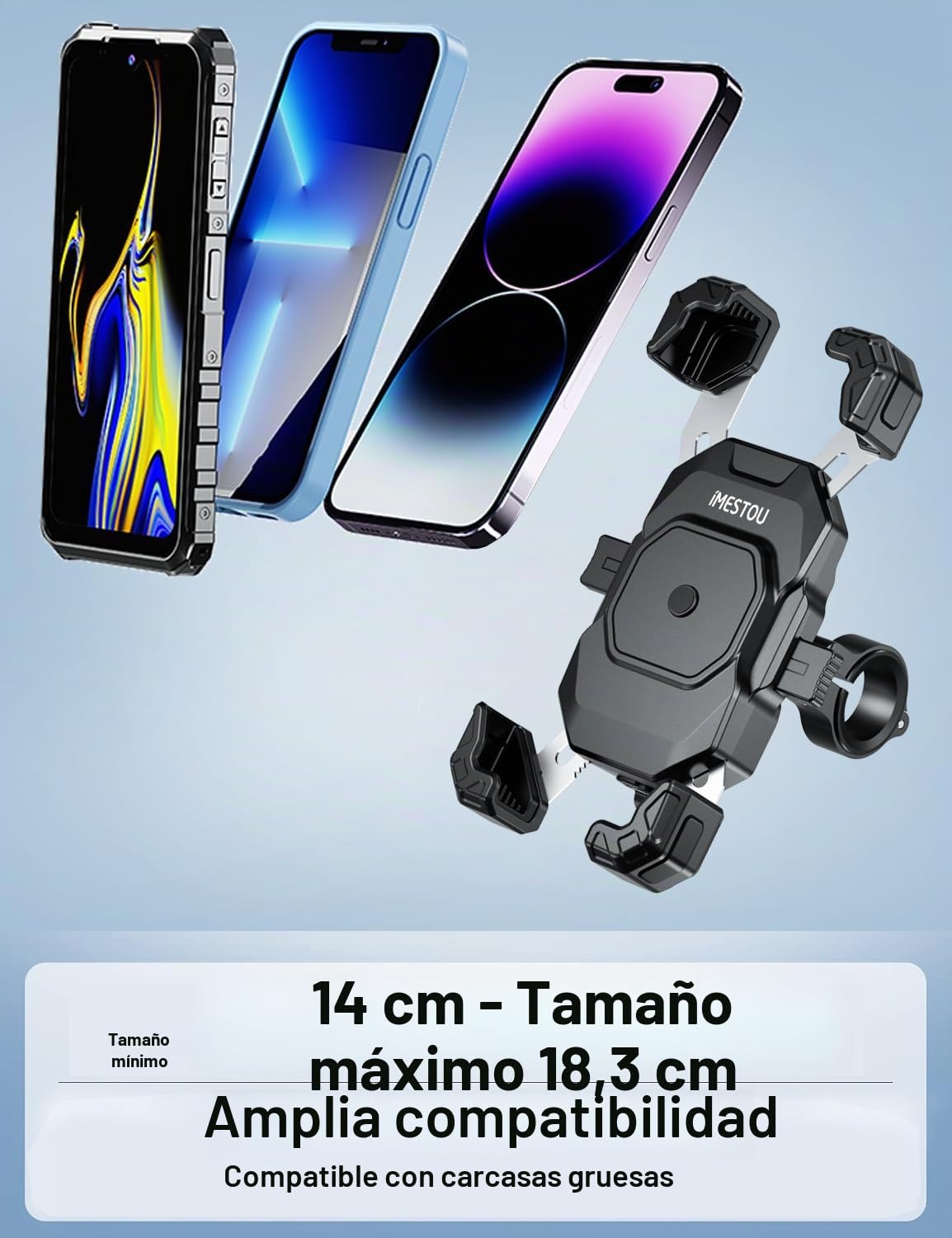iMESTOU Cargador Inalámbrico USB C para Motocicleta con Cable de Anillo SAE-O Desmontable, se Adapta a Teléfonos de 5.5"-7.2" con Grosor de hasta 15 mm, Ancho <93 mm, Funciona con 12/24V Motocicleta