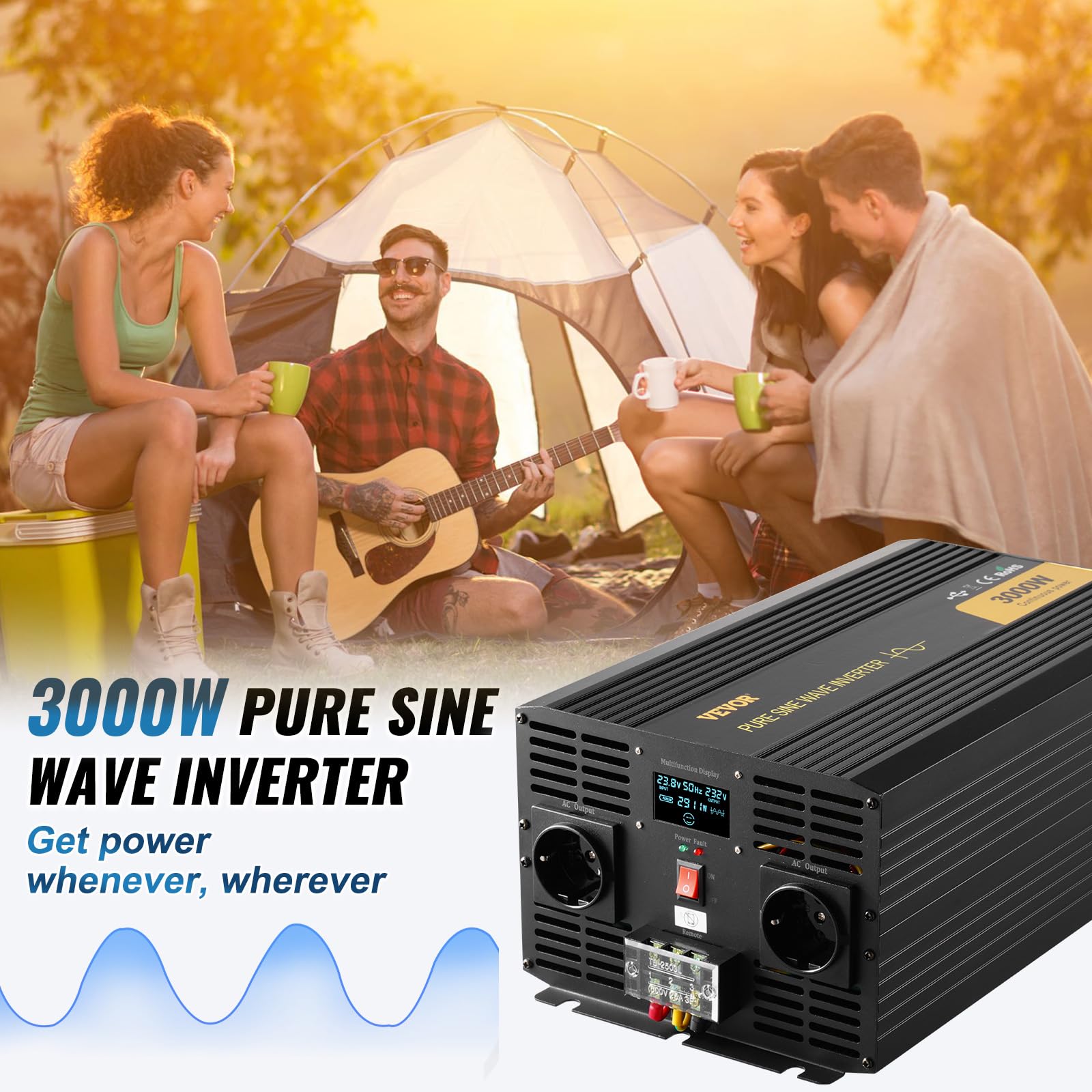 VEVOR Invertitore a Onda Sinusoidale Pura, 3000 W Invertitore di Potenza, DC 24 V a AC 230 V Invertitore per Auto con Schermo LCD Porta USB, Telecomando, per Camper Sistema Solare Viaggio Campeggio
