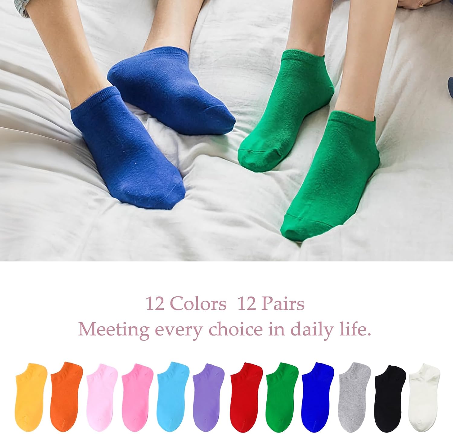 12 Pairs Colorful Low Cut Ankle Socks for Women & Men, Assorted Solid Colors Pack, Lightweight Breathable Socks Thin Sock image 2