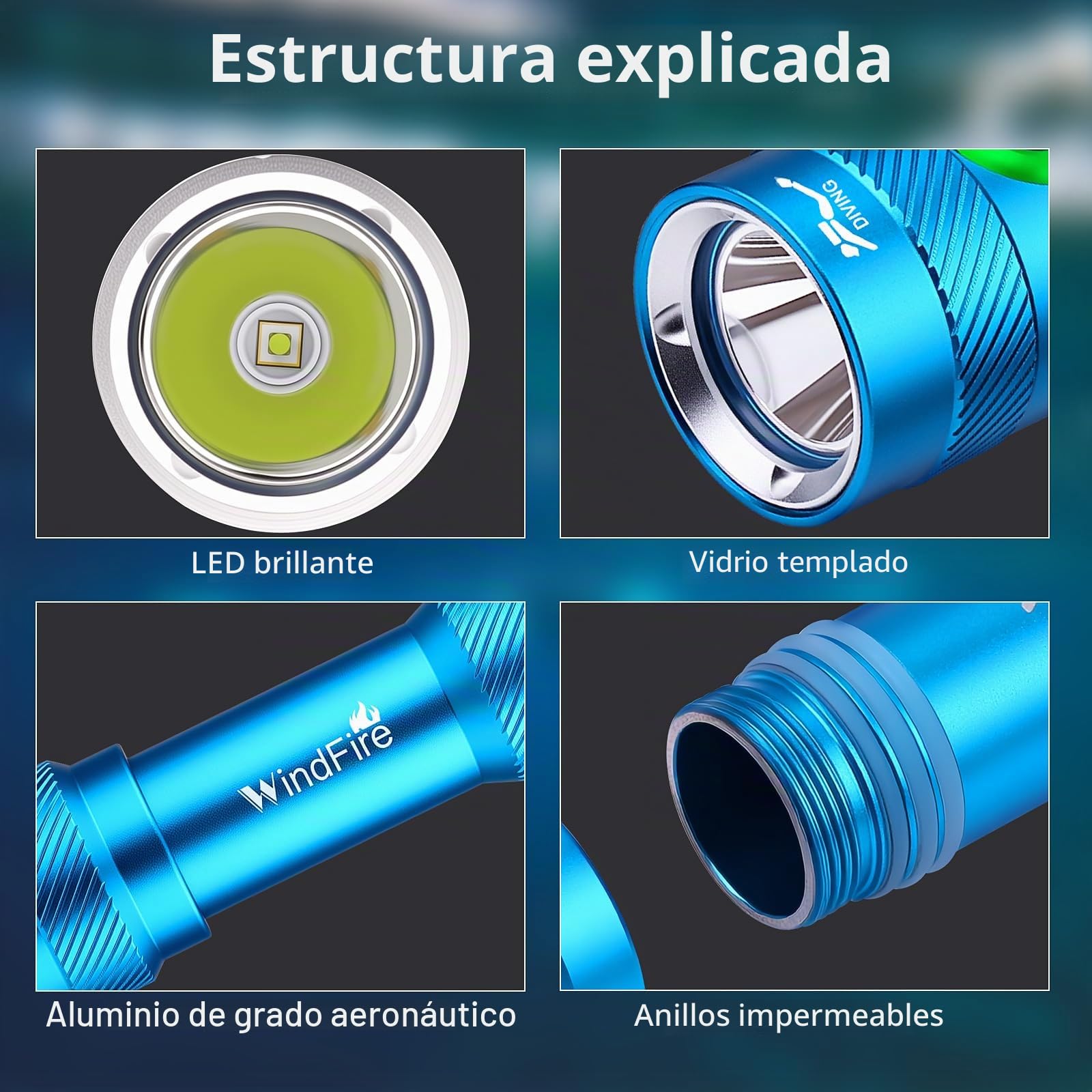 WINDFIRE Linternas de buceo, IPX8 impermeable profesional recargable luz de buceo, linterna submarinismo