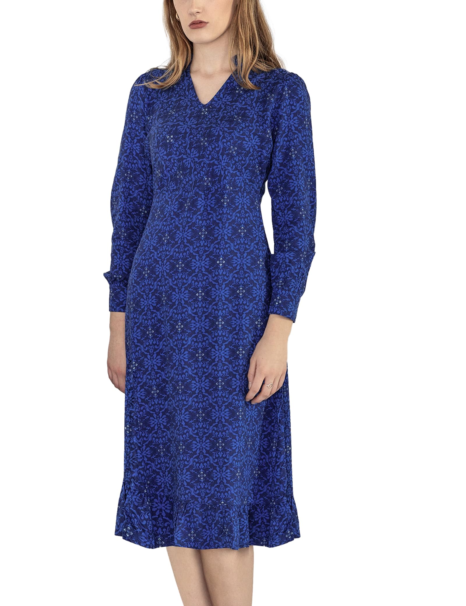 Enorsia V-Neck Puff Sleeve Midi Dress - Navy Viscose - Size 12