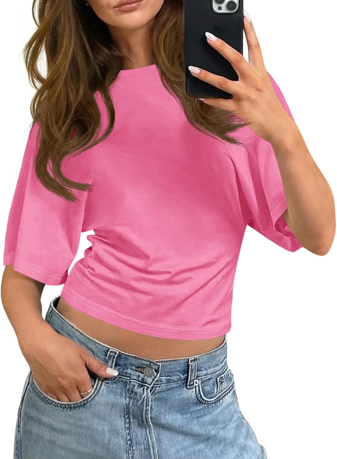 Tankaneo Womens Summer Short Sleeve Crop Tops Waisted Going Out Trendy Casual Loose Fit Basic Tee Shirts