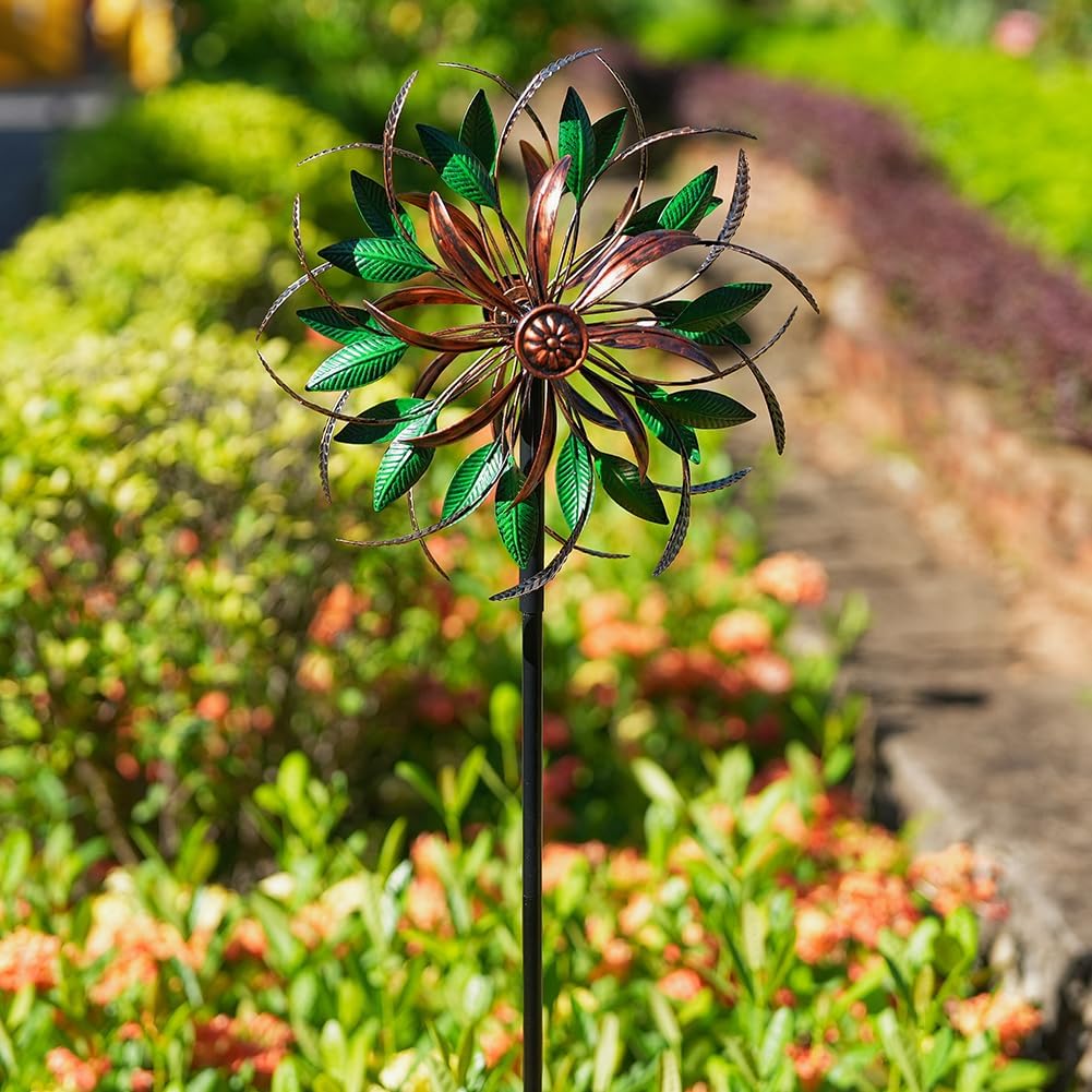 DREAMYSOUL Wind Spinners Outdoor, 360 Degree Rotation Double Layer Metal Kinetic Wind Spinner, Wind Sculpture with Green Leaves Blades for Yard and Garden Lawn Decor