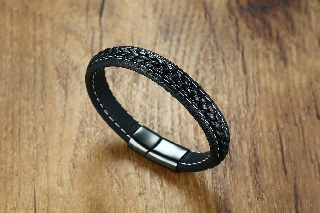 VNOX Hindu Buddhist SymbolLotus Aum OM Black Braided Leather Stainless Steel Cuff Wristband Bracelet