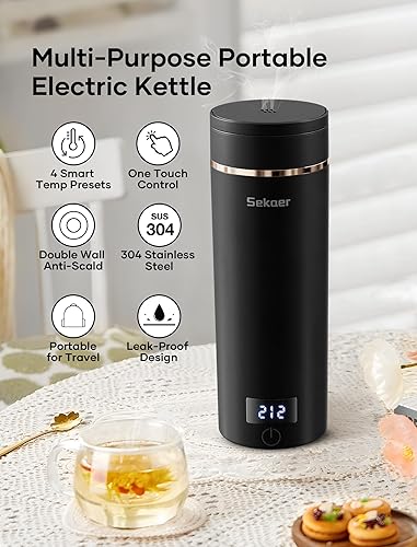 Miniatura 2 de Sekaer SKE-840B - Hervidor eléctrico portátil de viaje, hervidor de té pequeño, mini caldera de agua caliente, 13.5 fl oz y acero inoxidable 304,