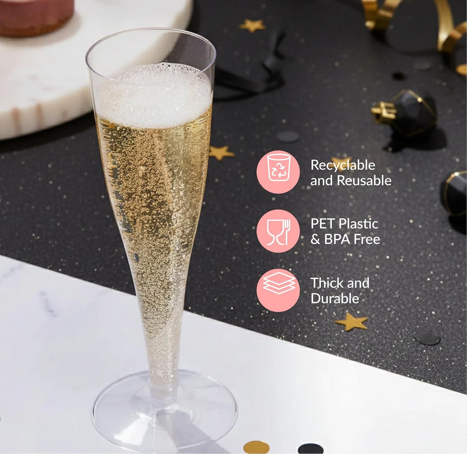 Prestee Set of 200 Plastic Champagne Flutes - Clear Champagne Glasses for Parties, Weddings, Events - 4.5 oz Disposable Drinkware - Elegant Stemware for Toasts Cocktails Mimosas - Image 5