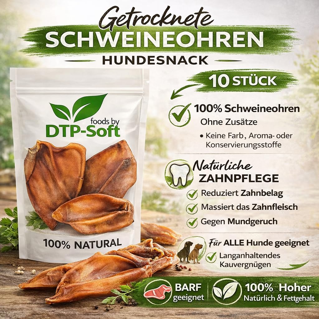 Getrocknete Schweineohren Hundesnack 10 Stück - natürlicher Kausnack für Hunde 100% Schweineohren ohne Zusätze - Kauartikel Hund für Zahnpflege - proteinreicher Hundesnack für alle Rassen