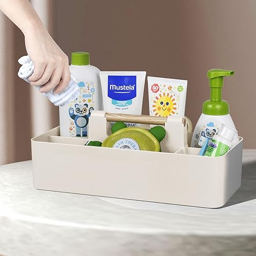 Miniatura 4 de Organizador de plástico para baby shower, organizador portátil de almacenamiento para niñosniños, cesta dividida con mango de madera para baño,