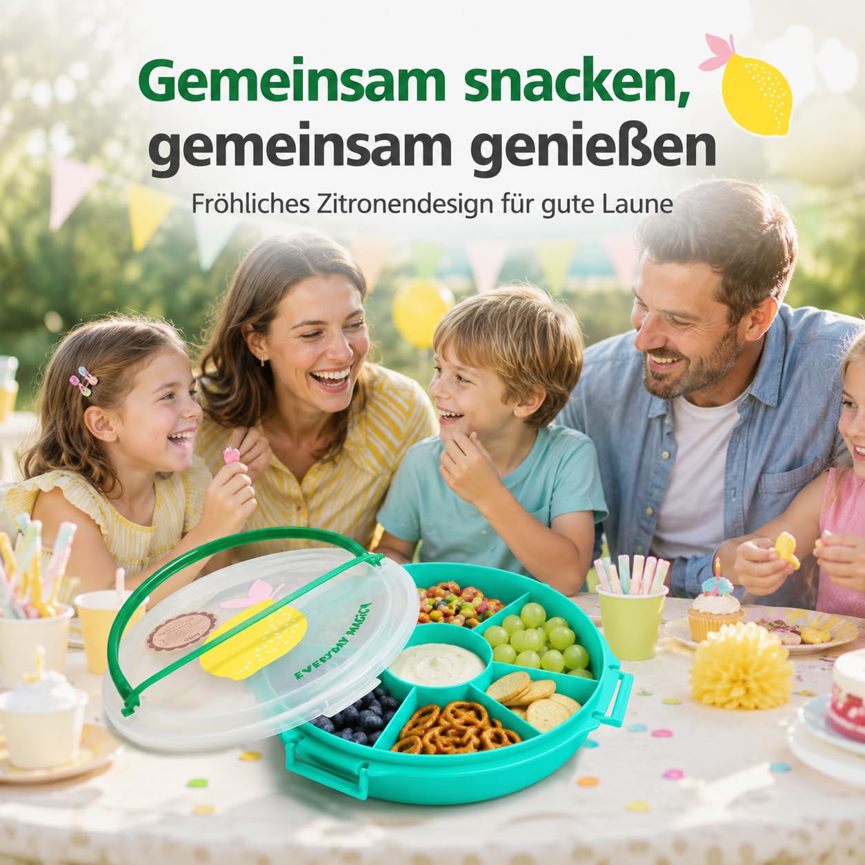 Rice Snackbox mit Fächern rund, Servierplatte mit Deckel, Türkis Zitrone | Snackbox mit 6 Fächern, Deckel und Zitronendesign - ideal für Obst, Dips, Picknick, Party und Brunch.