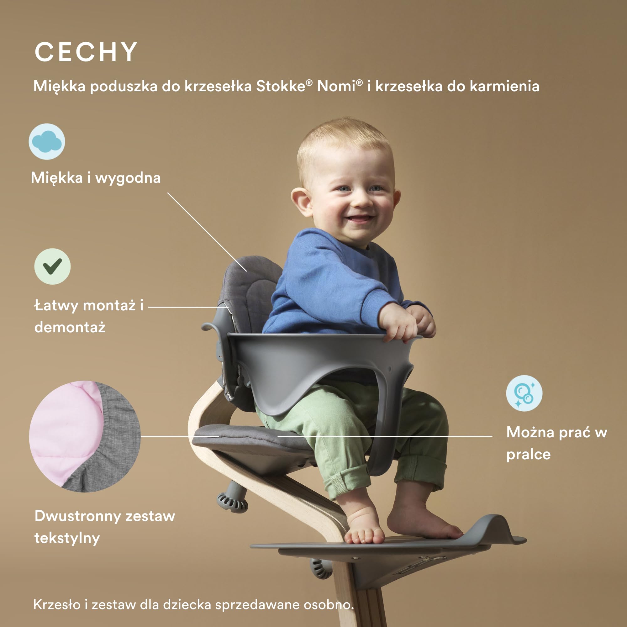 Poduszka Stokke Nomi, Grey Pink - dodaje miękkości i wygody krzesełku Nomi i krzesełku do karmienia - dla dzieci w wieku 6+ miesięcy - można prać w pralce