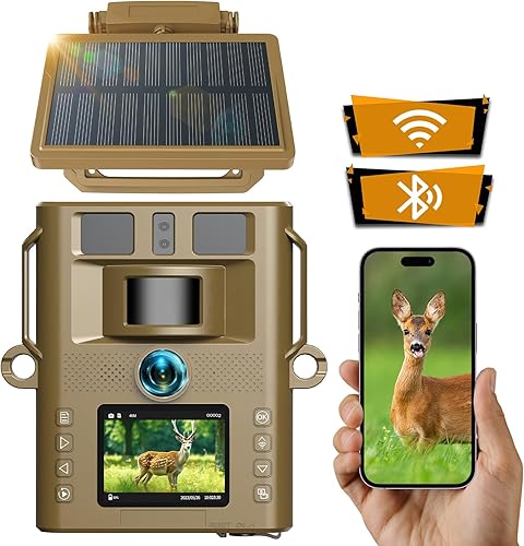VOOPEAK Cámara solar de rastro, 4K 46MP WiFi Bluetooth 5000mAh batería de litio incorporada recargable juego solar caza cámaras de vida silvestre