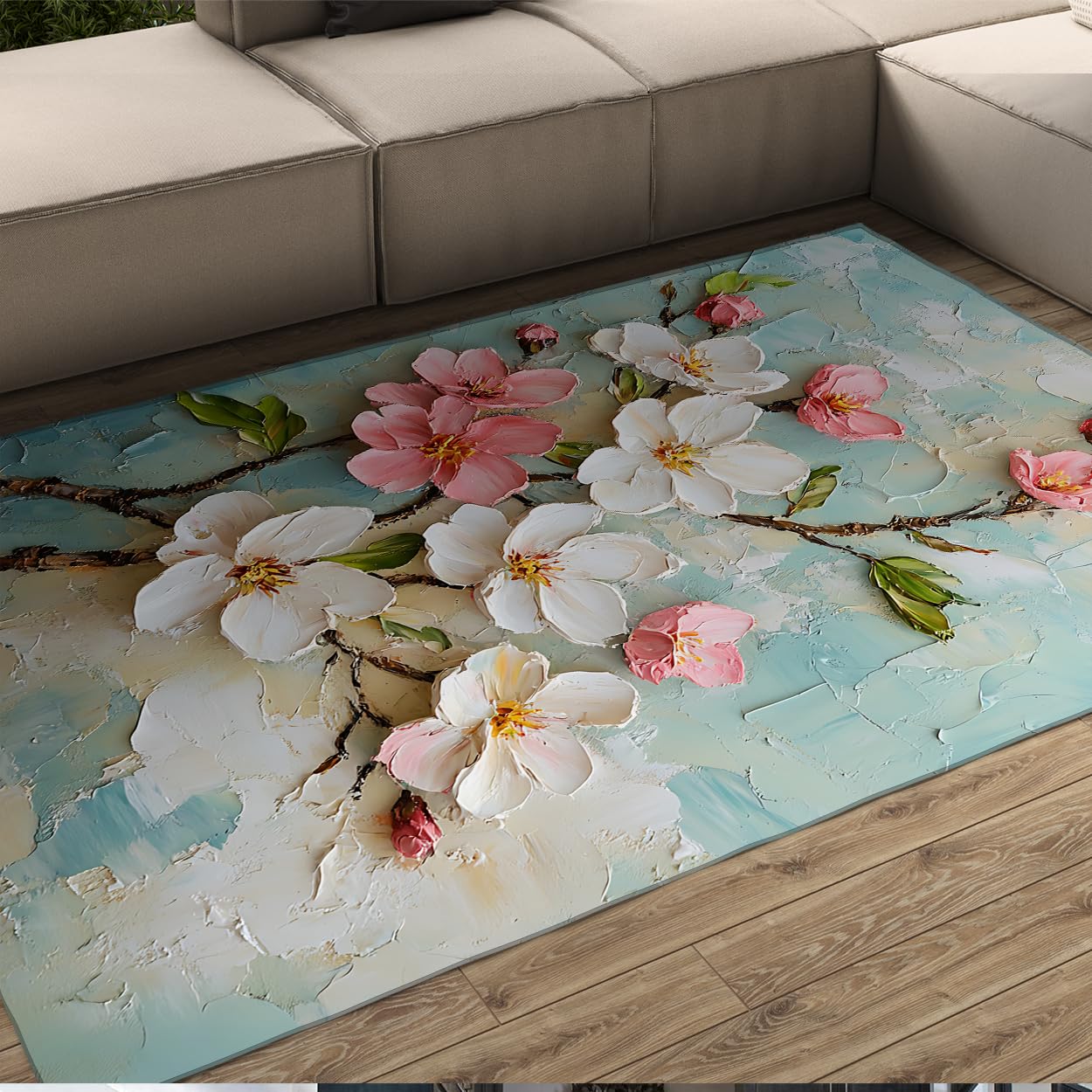 Tapis 140x200 cm lavable à fleurs 3D effet peinture huile pour chambre et salon