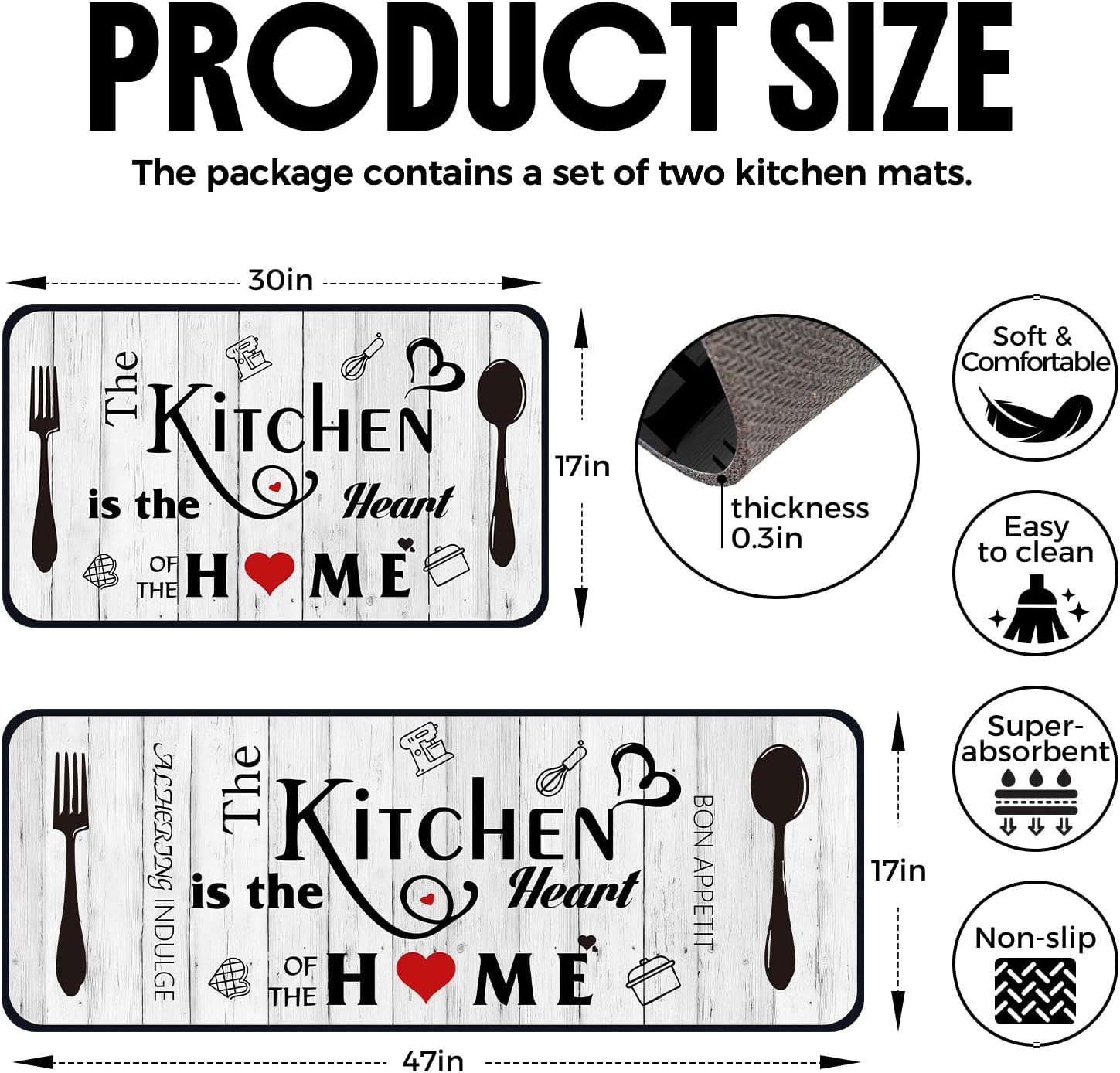 Kitchen Rugs and Mats Set, 2 Absorbent Stain Resistant Kitchen Runner, Kitchen Rugs Non-Slip Washable, Floor Mats for Kitchen Sink & Laundry & Modern Home Decor (17"x47" + 17"x30")