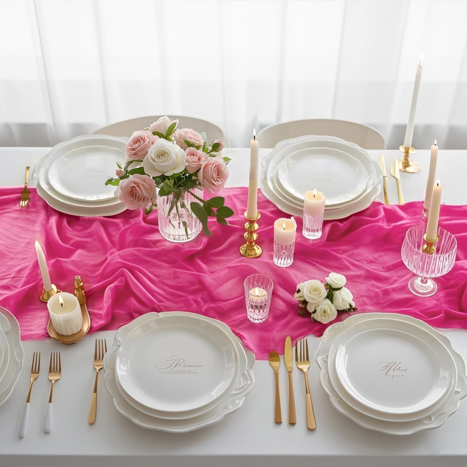 MODFUNS 12 Packs Hot Pink Cheesecloth Table Runners 10FT Gauze Fabric Table Runner for Wedding Party Sheer Cheese Table Cover Boho Cotton Wedding Runners Bridal Shower Banquet Table Decorations